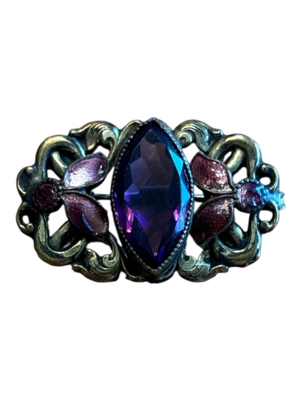 Antique Art Nuevo Purple Marquise Glass C Clasp Brooch